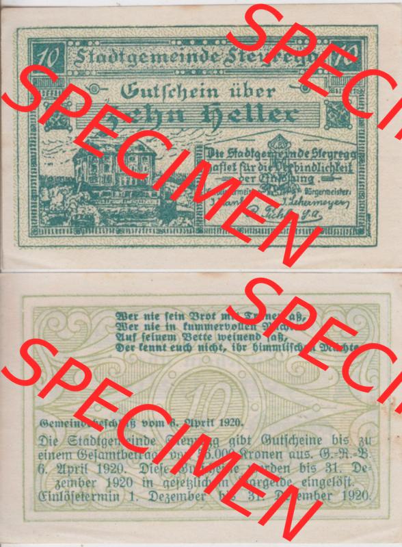 Notgeldscheine Oberösterreich Steyregg 10 Heller (3). Notgeld Oberösterreich Steyregg, Notgeldscheine aus Oberösterreich im online Katalog für private Sammler,... Sammlung