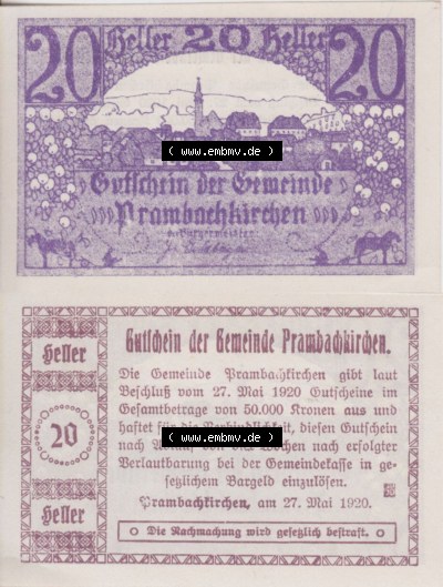Notgeldscheine Oberösterreich Prambachkirchen 1920, 20 Heller (3). Notgeld Oberösterreich Prambachkirchen, Notgeldscheine aus... Sammlung