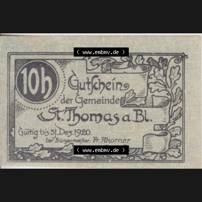 Notgeldscheine Oberösterreich St. Thomas am Blasenstein 10 Heller (1). Notgeld Oberösterreich St. Thomas am Blasenstein, Notgeldscheine aus Oberösterreich... Sammlung