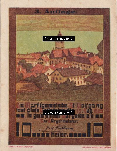 Notgeldscheine Oberösterreich St. Wolfgang im Salzkammergut 1920, 10 Heller (1). Notgeld Oberösterreich St. Wolfgang im Salzkammergut,... Sammlung
