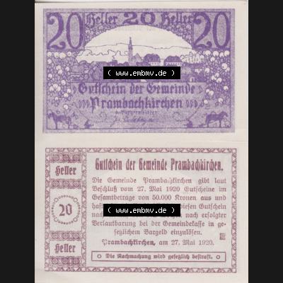 Notgeldscheine Oberösterreich Prambachkirchen 1920, 20 Heller (3). Notgeld Oberösterreich Prambachkirchen, Notgeldscheine aus Oberösterreich im online Katalog... Sammlung