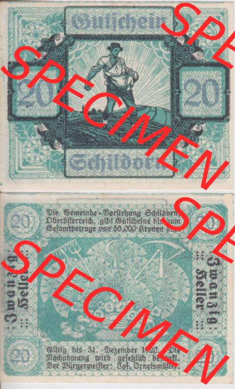 Notgeldscheine Oberösterreich Schildorn 1920, 20 Heller (3). Notgeld Oberösterreich Schildorn, Notgeldscheine aus Oberösterreich im online Katalog für private... Sammlung