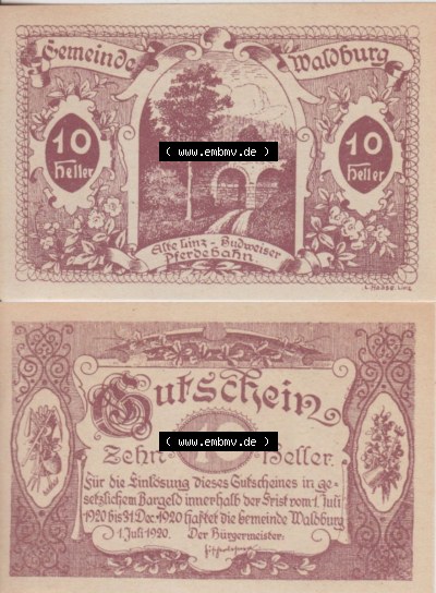 Notgeldscheine Oberösterreich Waldburg, Gemeinde 1920, 10 Heller (3). Notgeld Oberösterreich Gemeinde Waldburg, Notgeldscheine... Sammlung