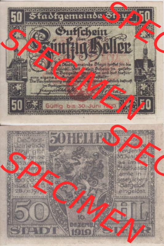 Notgeldscheine Oberösterreich Steyr 1919-1920, 50 Heller (3). Notgeld Oberösterreich Steyr, Notgeldscheine aus Oberösterreich im online Katalog für private... Sammlung