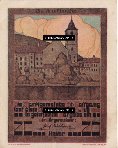 Notgeldscheine Oberösterreich St. Wolfgang im Salzkammergut 1920, 20 Heller (1). Notgeld Oberösterreich St. Wolfgang im Salzkammergut,... Sammlung