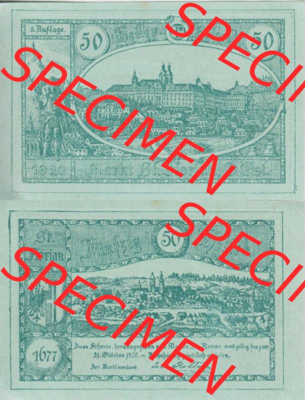Notgeldscheine Oberösterreich St. Florian 1920, 3. Auflage 50 Heller (3). Notgeld Oberösterreich St. Florian, Notgeldscheine aus Oberösterreich... Sammlung