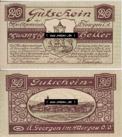 Notgeldscheine Oberösterreich St. Georgen 1920, 20 Heller III. (3). Notgeld Oberösterreich St. Georgen, Notgeldscheine aus Oberösterreich... Sammlung