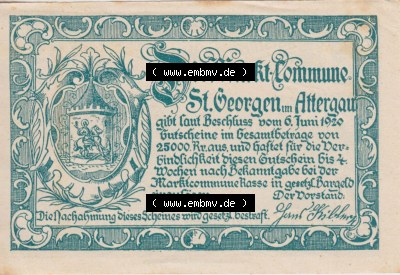 Notgeldscheine Oberösterreich St. Georgen 1920, 99 Heller I. (2). Notgeld Oberösterreich St. Georgen, Notgeldscheine aus Oberösterreich... Sammlung