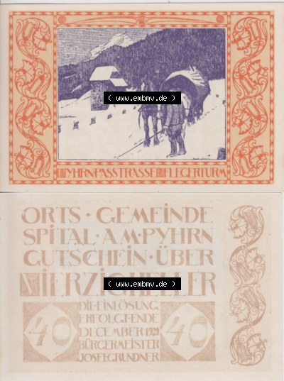 Notgeldscheine Oberösterreich Spital am Pyhrn 1920, 40 Heller (3). Notgeld Oberösterreich Spital am Pyhrn, Notgeldscheine aus... Sammlung