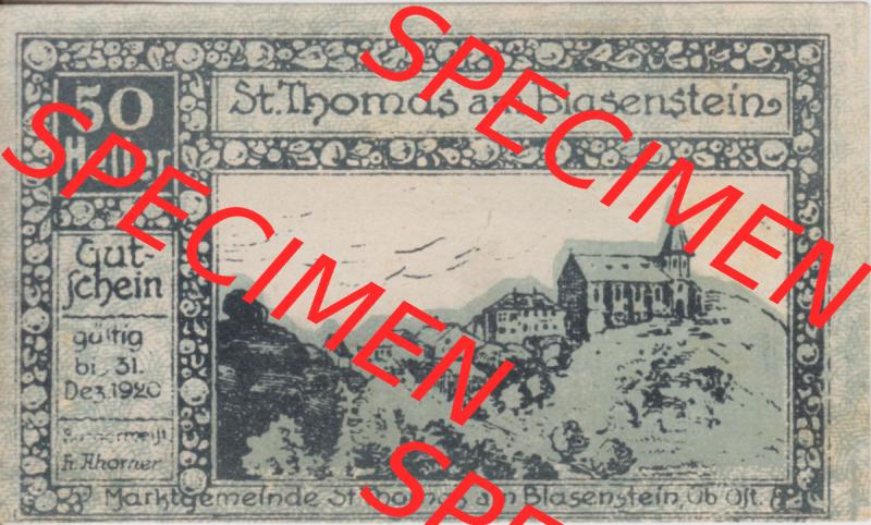 Notgeldscheine Oberösterreich St. Thomas am Blasenstein 50 Heller (2). Notgeld Oberösterreich St. Thomas am Blasenstein, Notgeldscheine aus Oberösterreich... Sammlung