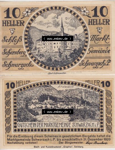 Notgeldscheine Salzburg Schwarzach im Pongau Gutschein 1920, 10 Heller (3). Notgeld Salzburg Marktgemeinde Schwarzach im Pongau,... Sammlung