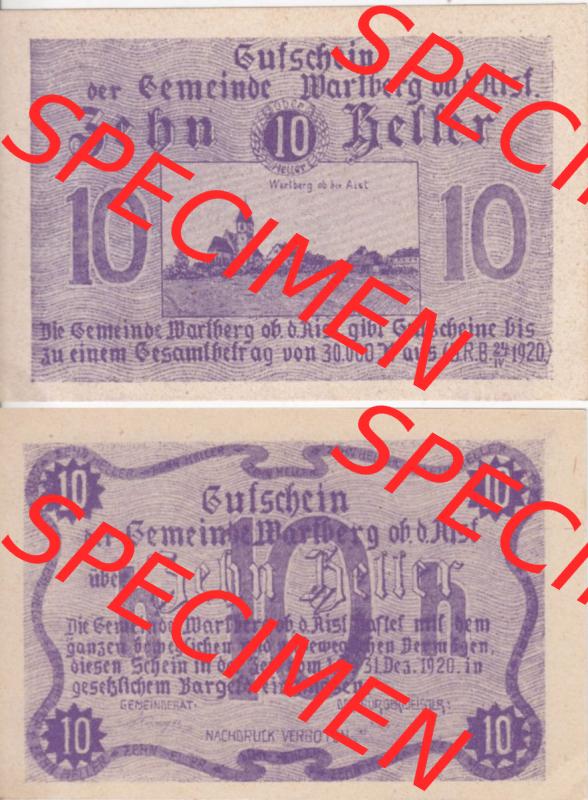 Notgeldscheine Oberösterreich Wartberg ob der Aist 1920-1920, 10 Heller violett (3). Notgeld Oberösterreich Gutschein der Gemeinde Wartberg ob der Aist, Notgeldscheine... Sammlung