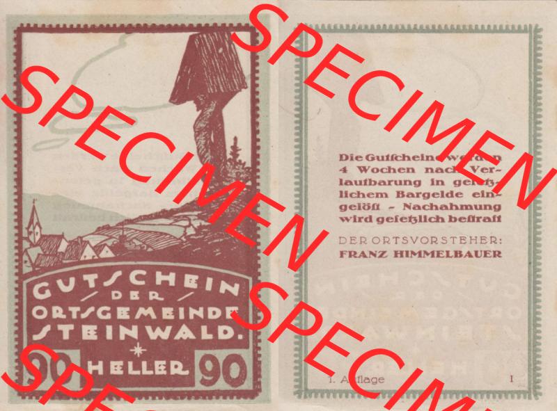 Notgeldscheine Oberösterreich Steinwald 192x, Auflage 1. I 90 Heller (3). Notgeld Oberösterreich Steinwald, Notgeldscheine aus Oberösterreich im online... Sammlung