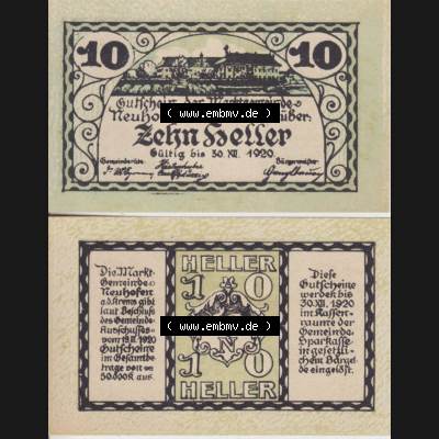 Notgeldscheine Oberösterreich Neuhofen an der Krems 1920, 10 Heller (3). Notgeld Oberösterreich Neuhofen an der Krems, Notgeldscheine aus Oberösterreich im online... Sammlung