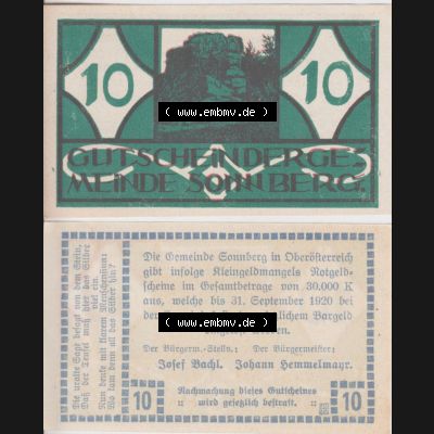 Notgeldscheine Oberösterreich Sonnberg 1920, 10 Heller (3). Notgeld Oberösterreich Sonnberg, Notgeldscheine aus Oberösterreich im online Katalog für private... Sammlung