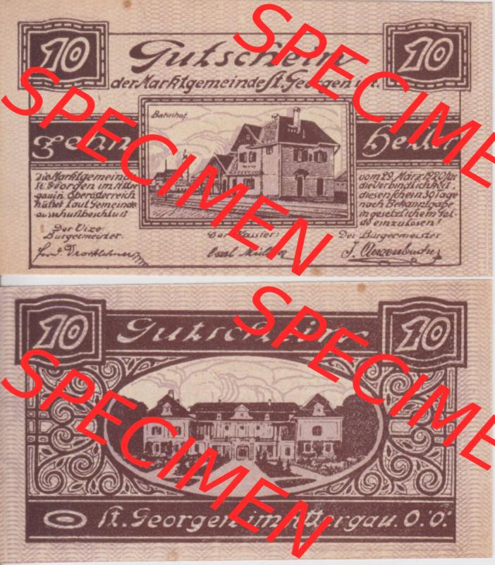 Notgeldscheine Oberösterreich St. Georgen 1920, 10 Heller III. (3). Notgeld Oberösterreich St. Georgen, Notgeldscheine aus Oberösterreich... Sammlung