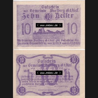 Notgeldscheine Oberösterreich Wartberg ob der Aist 1920-1920, 10 Heller violett (3). Notgeld Oberösterreich Gutschein der Gemeinde Wartberg ob der Aist, Notgeldscheine... Sammlung