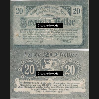 Notgeldscheine Oberösterreich Steyr 1919-1920, 20 Heller (3). Notgeld Oberösterreich Steyr, Notgeldscheine aus Oberösterreich im online Katalog für private... Sammlung
