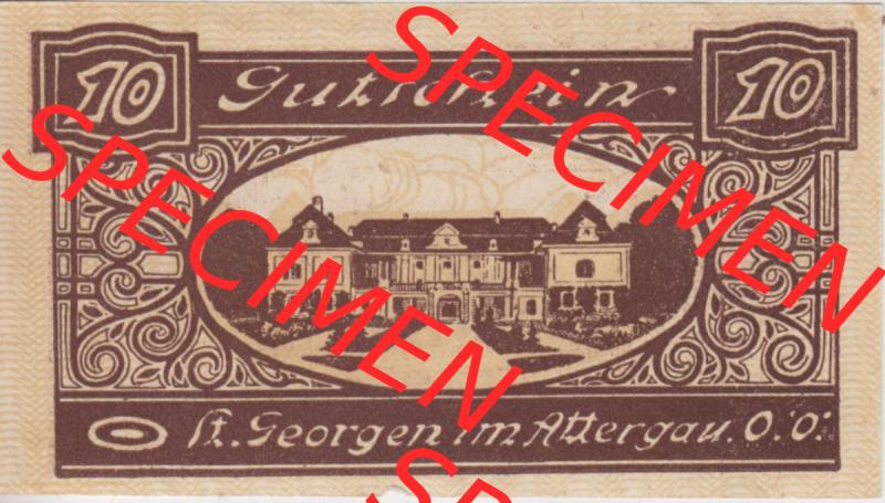 Notgeldscheine Oberösterreich St. Georgen 1920, 10 Heller I. (2). Notgeld Oberösterreich St. Georgen, Notgeldscheine aus Oberösterreich... Sammlung