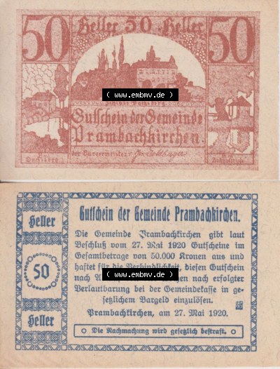 Notgeldscheine Oberösterreich Prambachkirchen 1920, 50 Heller (3). Notgeld Oberösterreich Prambachkirchen, Notgeldscheine aus... Sammlung