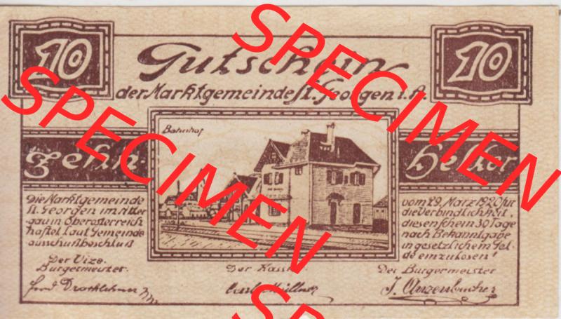 Notgeldscheine Oberösterreich St. Georgen 1920, 10 Heller I. (1). Notgeld Oberösterreich St. Georgen, Notgeldscheine aus Oberösterreich... Sammlung
