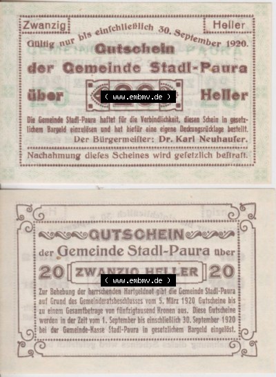 Notgeldscheine Oberösterreich Stadl-Paura 1920, I 20 Heller (3). Notgeld Oberösterreich Stadl-Paura, Notgeldscheine aus Oberösterreich... Sammlung