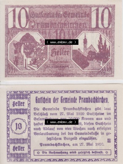 Notgeldscheine Oberösterreich Prambachkirchen 1920, 10 Heller (3). Notgeld Oberösterreich Prambachkirchen, Notgeldscheine aus... Sammlung