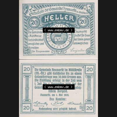 Notgeldscheine Oberösterreich Neumarkt im Mühlkreis 1920, 20 Heller (3). Notgeld Oberösterreich Neumarkt im Mühlkreis, Notgeldscheine aus Oberösterreich... Sammlung