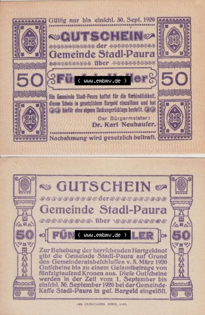 Notgeldscheine Oberösterreich Stadl-Paura 1920, I 50 Heller (3). Notgeld Oberösterreich Stadl-Paura, Notgeldscheine aus Oberösterreich... Sammlung