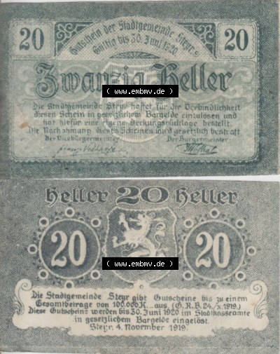 Notgeldscheine Oberösterreich Steyr 1919-1920, 20 Heller (3). Notgeld Oberösterreich Steyr, Notgeldscheine aus Oberösterreich... Sammlung