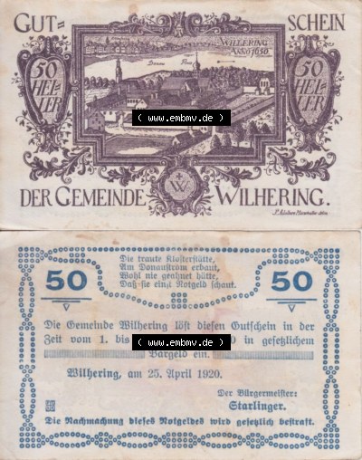 Notgeldscheine Oberösterreich Wilhering, Gemeinde 1920, 50 Heller (3). Notgeld Oberösterreich Wilhering, Gemeinde, Notgeldscheine... Sammlung