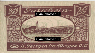 Notgeldscheine Oberösterreich St. Georgen 1920, 20 Heller III. (2). Notgeld Oberösterreich St. Georgen, Notgeldscheine aus Oberösterreich... Sammlung