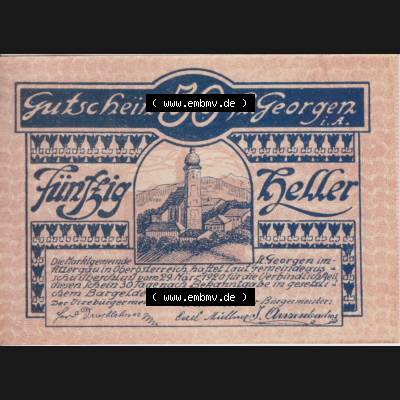 Notgeldscheine Oberösterreich St. Georgen 1920, 50 Heller III. (1). Notgeld Oberösterreich St. Georgen, Notgeldscheine aus Oberösterreich... Sammlung