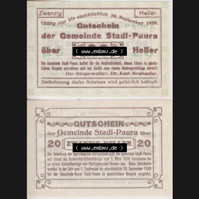 Notgeldscheine Oberösterreich Stadl-Paura 1920, I 20 Heller (3). Notgeld Oberösterreich Stadl-Paura, Notgeldscheine aus Oberösterreich im online Katalog für... Sammlung