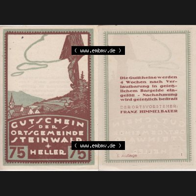Notgeldscheine Oberösterreich Steinwald 192x, Auflage 1. I 75 Heller (3). Notgeld Oberösterreich Steinwald, Notgeldscheine aus Oberösterreich im online... Sammlung