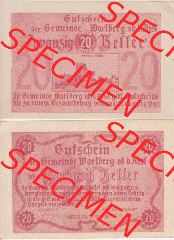 Notgeldscheine Oberösterreich Wartberg ob der Aist 1920-1920, 20 Heller rot (3). Notgeld Oberösterreich Gutschein der Gemeinde Wartberg ob der Aist, Notgeldscheine... Sammlung