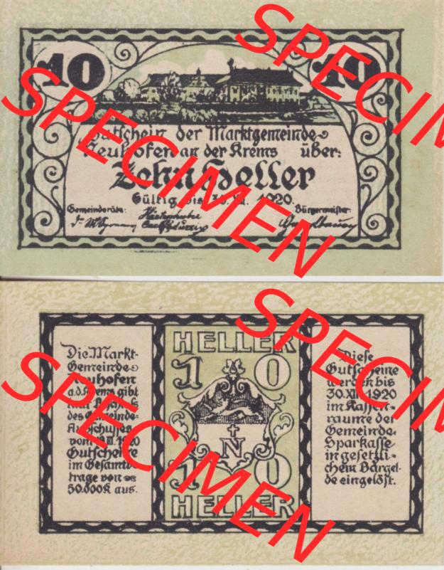 Notgeldscheine Oberösterreich Neuhofen an der Krems 1920, 10 Heller (3). Notgeld Oberösterreich Neuhofen an der Krems, Notgeldscheine aus Oberösterreich im online... Sammlung