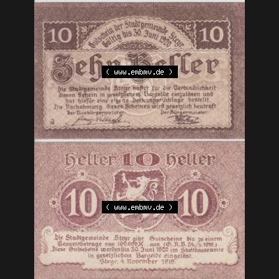 Notgeldscheine Oberösterreich Steyr 1919-1920, 10 Heller (3). Notgeld Oberösterreich Steyr, Notgeldscheine aus Oberösterreich im online Katalog für private... Sammlung