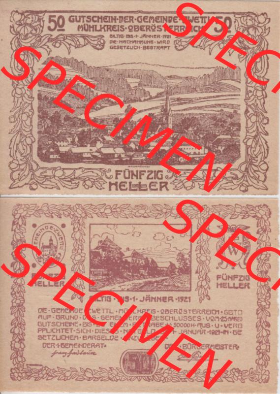 Notgeldscheine Oberösterreich Zwettl Mühlkreis, Gemeinde 1920-1921, 50 Heller braun (3). Notgeld Oberösterreich Gemeinde Zwettl Mühlkreis, Notgeldscheine... Sammlung