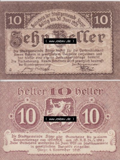 Notgeldscheine Oberösterreich Steyr 1919-1920, 10 Heller (3). Notgeld Oberösterreich Steyr, Notgeldscheine aus Oberösterreich... Sammlung