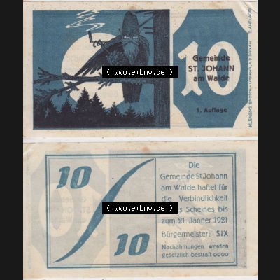 Notgeldscheine Oberösterreich St. Johann am Walde 1921, 10 Heller (3). Notgeld Oberösterreich St. Johann am Walde, Notgeldscheine aus Oberösterreich... Sammlung