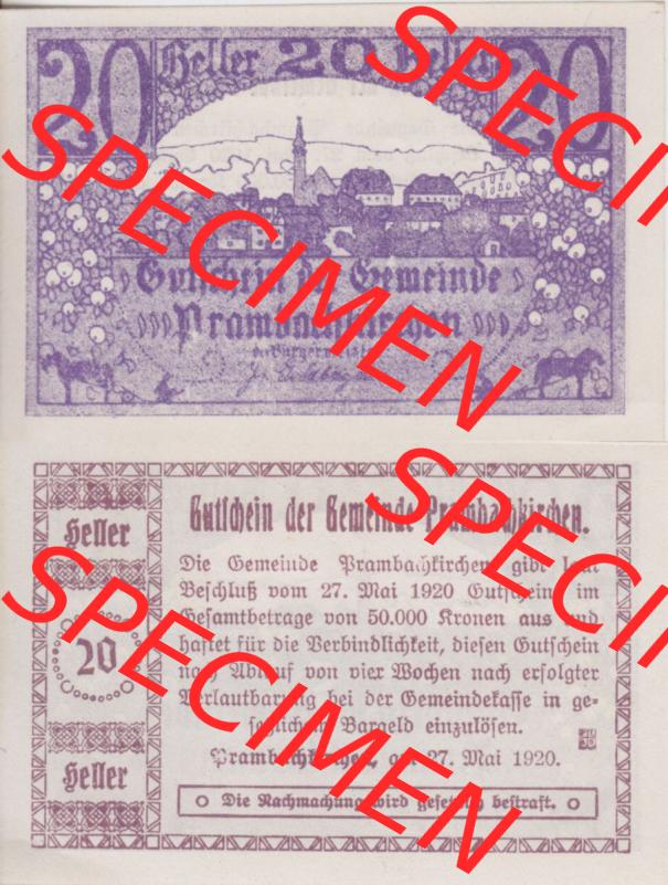 Notgeldscheine Oberösterreich Prambachkirchen 1920, 20 Heller (3). Notgeld Oberösterreich Prambachkirchen, Notgeldscheine aus Oberösterreich im online Katalog... Sammlung