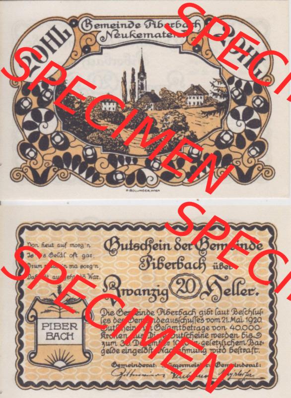 Notgeldscheine Oberösterreich Piberbach 1920, 20 Heller (3). Notgeld Oberösterreich Piberbach, Notgeldscheine aus Oberösterreich im online Katalog für private... Sammlung