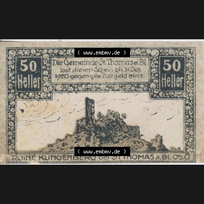 Notgeldscheine Oberösterreich St. Thomas am Blasenstein 50 Heller (1). Notgeld Oberösterreich St. Thomas am Blasenstein, Notgeldscheine aus Oberösterreich... Sammlung