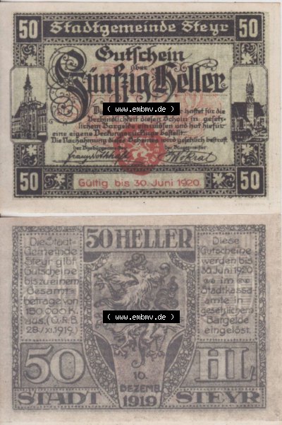 Notgeldscheine Oberösterreich Steyr 1919-1920, 50 Heller (3). Notgeld Oberösterreich Steyr, Notgeldscheine aus Oberösterreich... Sammlung