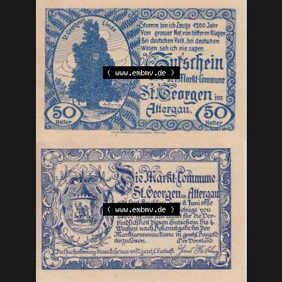 Notgeldscheine Oberösterreich St. Georgen 1920, 50 Heller II. (3). Notgeld Oberösterreich St. Georgen, Notgeldscheine aus Oberösterreich... Sammlung