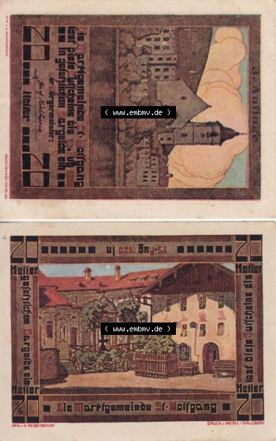 Notgeldscheine Oberösterreich St. Wolfgang im Salzkammergut 1920, 20 Heller (3). Notgeld Oberösterreich St. Wolfgang im Salzkammergut,... Sammlung