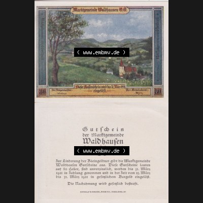 Notgeldscheine Oberösterreich Waldhausen, Marktgemeinde 1921, 80 Heller (3). Notgeld als Gutschein der Oberösterreich Marktgemeinde Waldhausen, Notgeldscheine... Sammlung