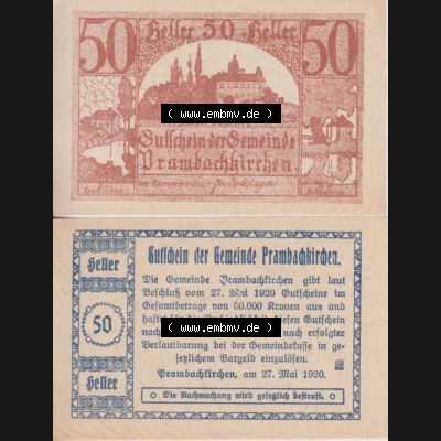 Notgeldscheine Oberösterreich Prambachkirchen 1920, 50 Heller (3). Notgeld Oberösterreich Prambachkirchen, Notgeldscheine aus Oberösterreich im online Katalog... Sammlung
