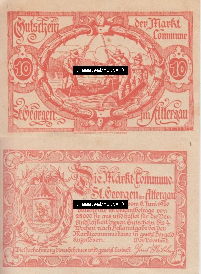 Notgeldscheine Oberösterreich St. Georgen 1920, 10 Heller II. (3). Notgeld Oberösterreich St. Georgen, Notgeldscheine aus Oberösterreich... Sammlung